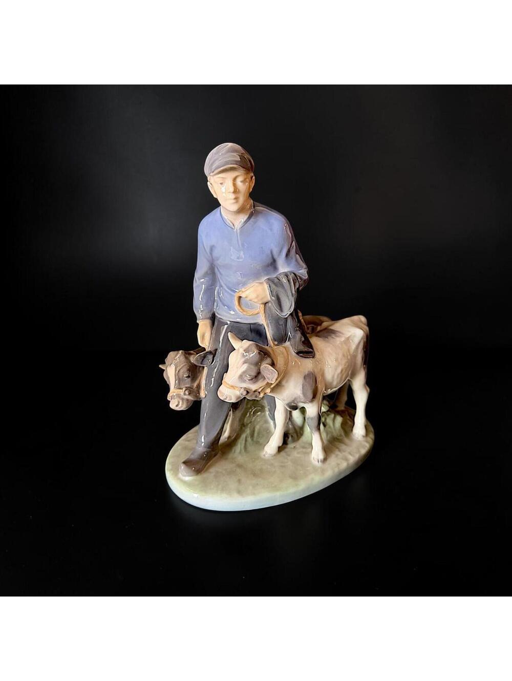 Vintage Royal Copenhagen Figurine Boy With Two Calves - Large 9.5" #1858 - 10244